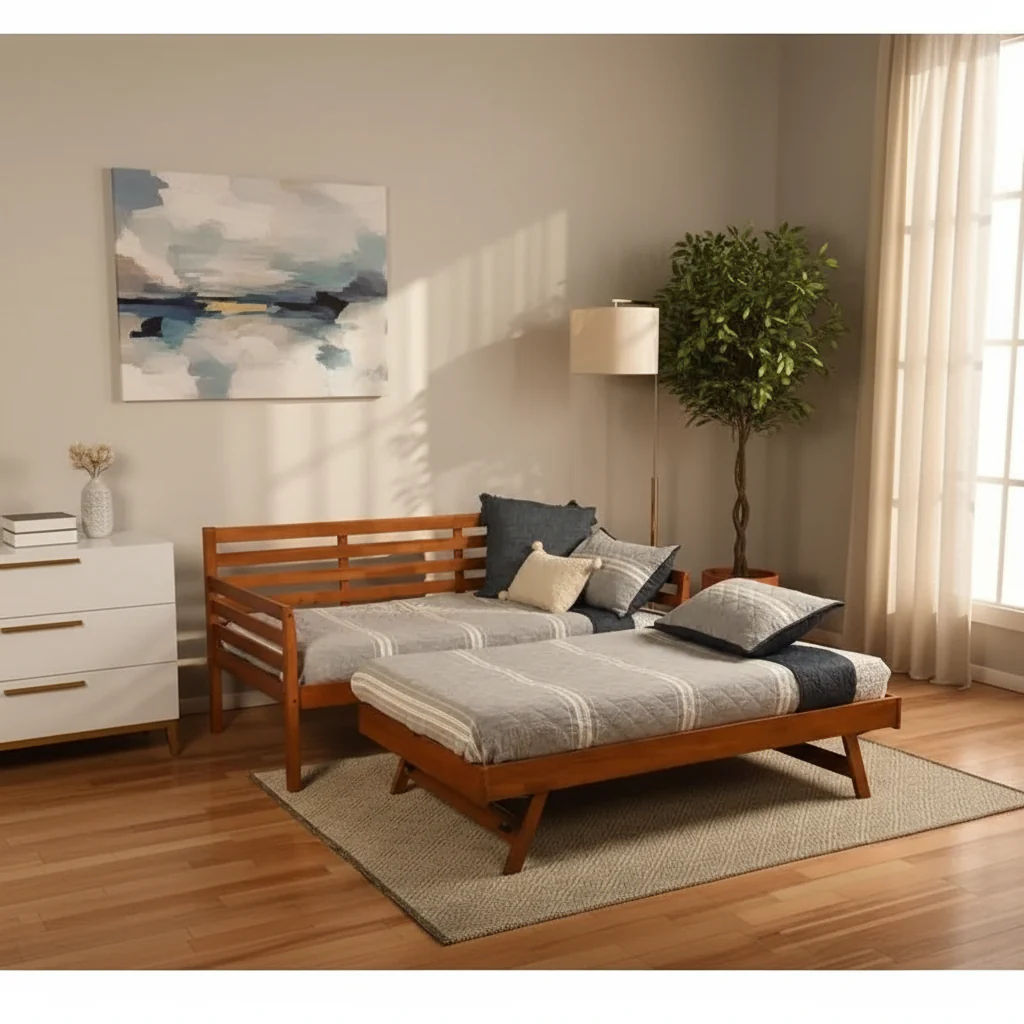 Brown/Walnut/White Solid Wood Daybed with Pop-Up Trundle, Sleeps 1–2