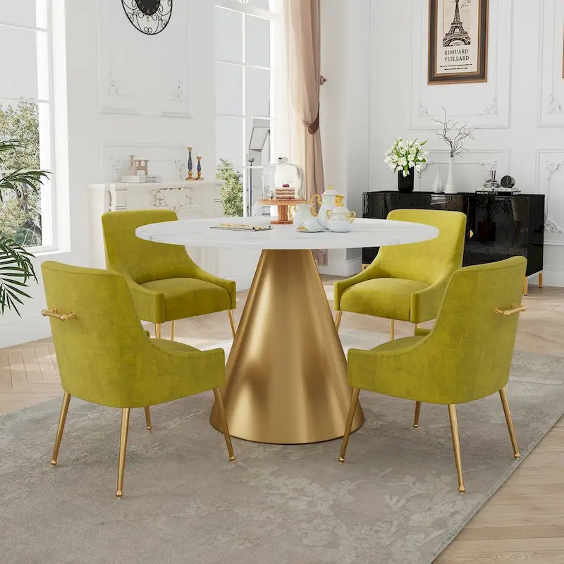 48 Marble Top Metal Dining Table with Velvet Dining Chair Set