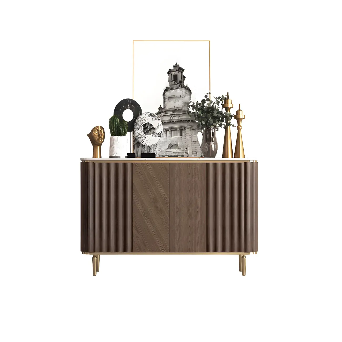 Glam Brown Wooden Sideboard with Marble Top