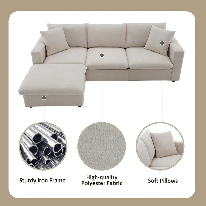 L-shaped Modern Sectional Sofa, 2 Free pillows,4-seat Polyester Fabric Couch Set,Ottoman,Beige