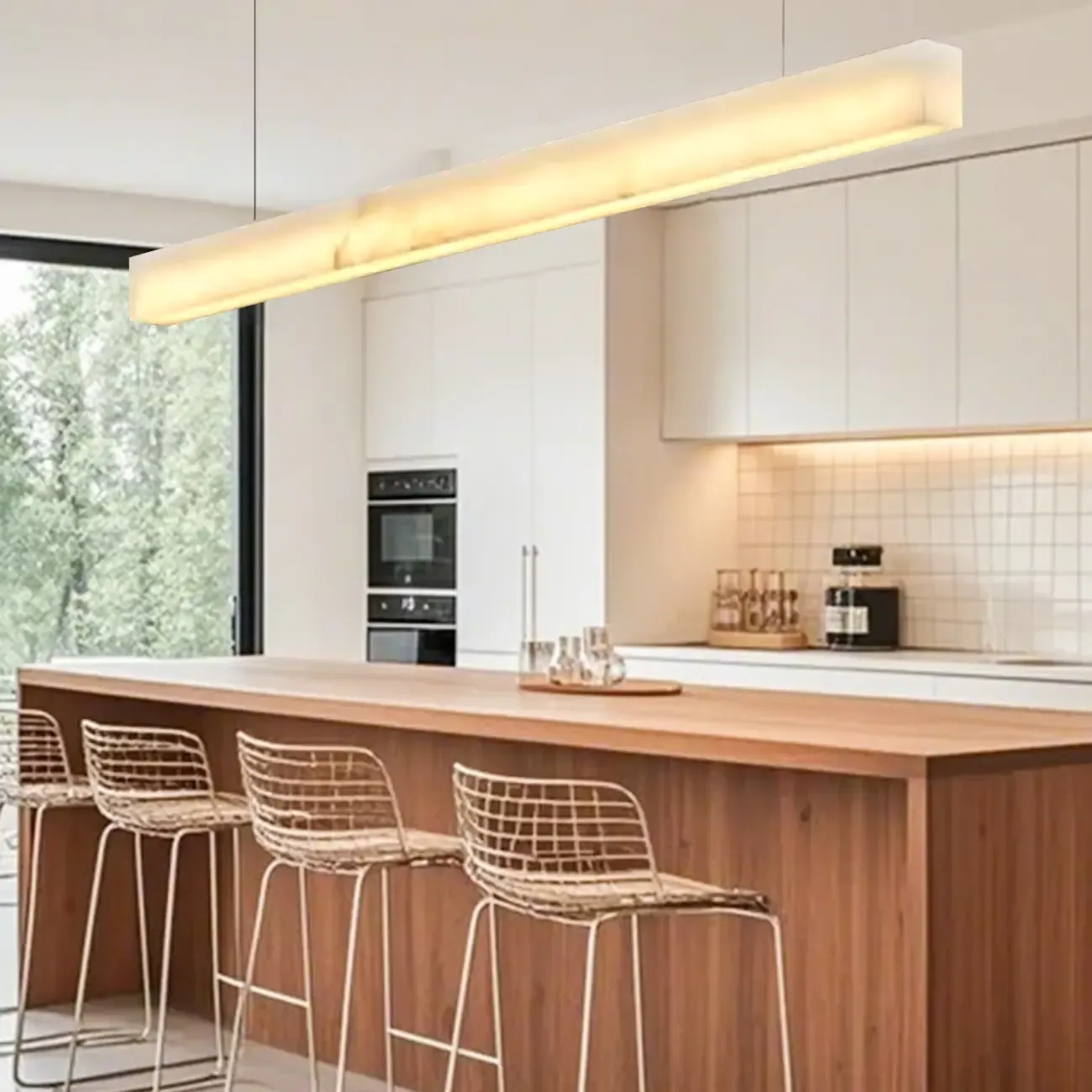 White Stone Linear LED Island Pendant Light In Rectangle Shape