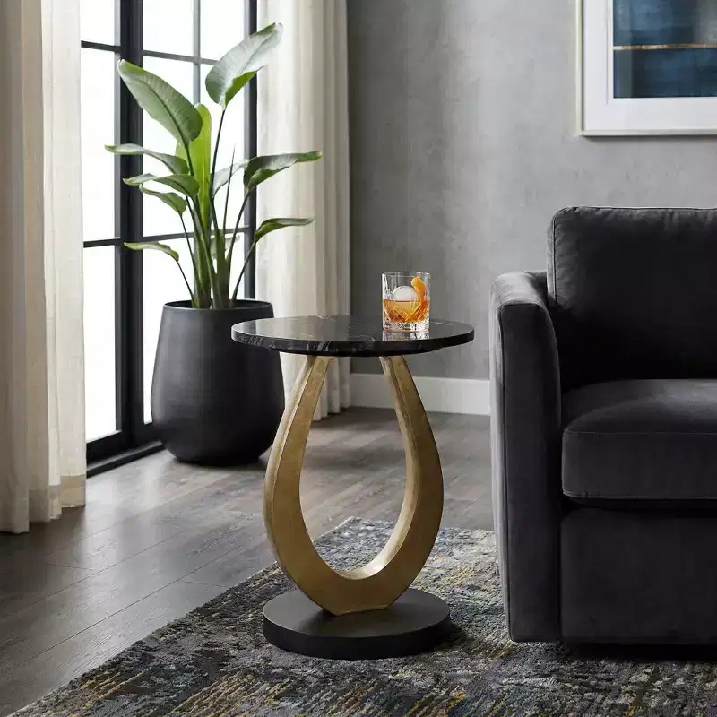 Round End and Side Table for Small Spaces - Curved Base Design with Wood Top for Living Room and Bedroom Decor and Home Decor - 22, Gold & Black