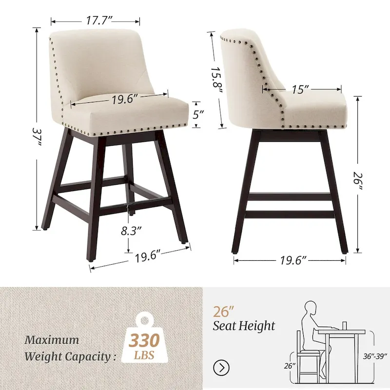 LUE BONA 26 in. Counter Height Upholstered Wood Frame Swivel Bar Stool with Farbic Seat - 19.6 D x 19.6 W x 37 H