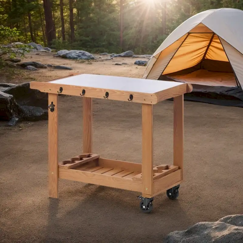 Outdoor Wooden Grill Cart Table with Wheels