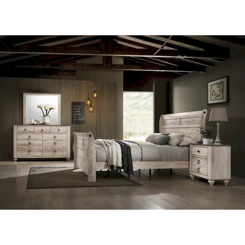 Contemporary White Wash Finish Bedroom Set with Sleigh Bed, Dresser, Mirror, Two Nightstands
