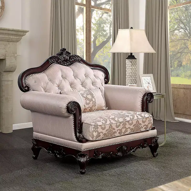 HOMES: Inside + Out Alsace Arm Chair Traditional Button Tufted Dark Cherry/Light Brown