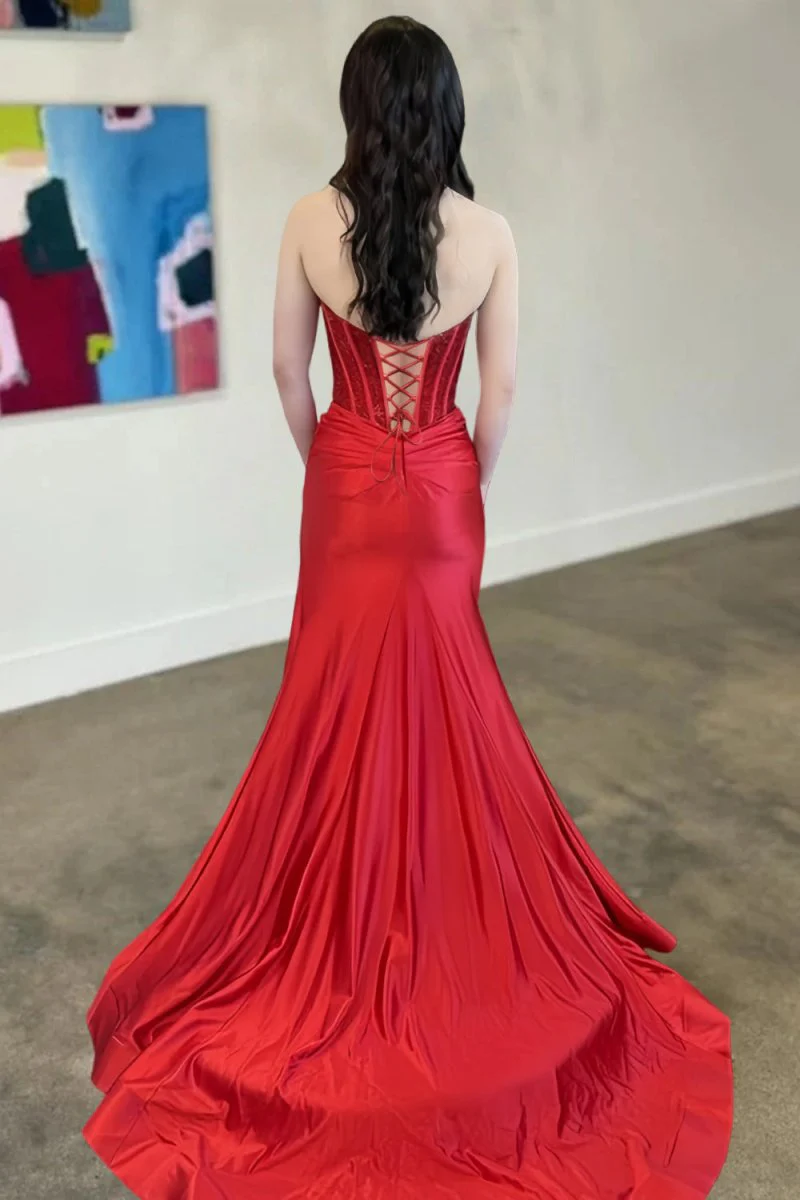 Red Sweetheart Mermaid Satin Beaded Prom Dressed With Slit