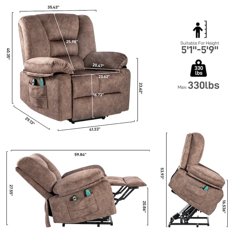 Brown Velvet Power Lift Recliner, Massage, Heated, Pockets, 8-Point