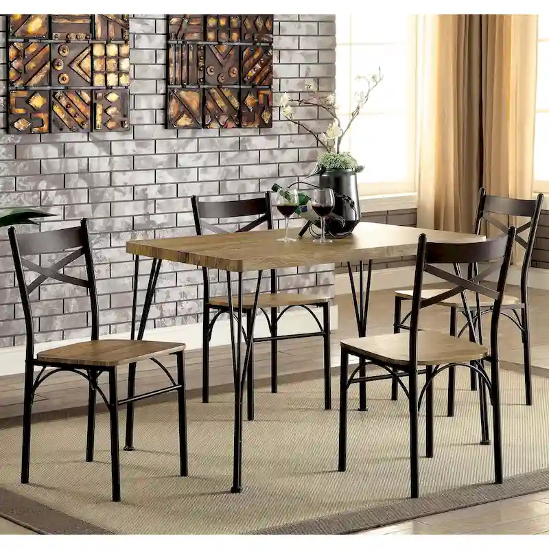 Industrial Metal Dining Table with 4 Chairs - Grey/Brown/Natural