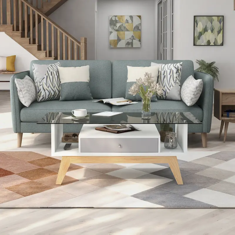 Glass Top Coffee Table - White/Natural Wood, Mid-Century Modern, Multi-User