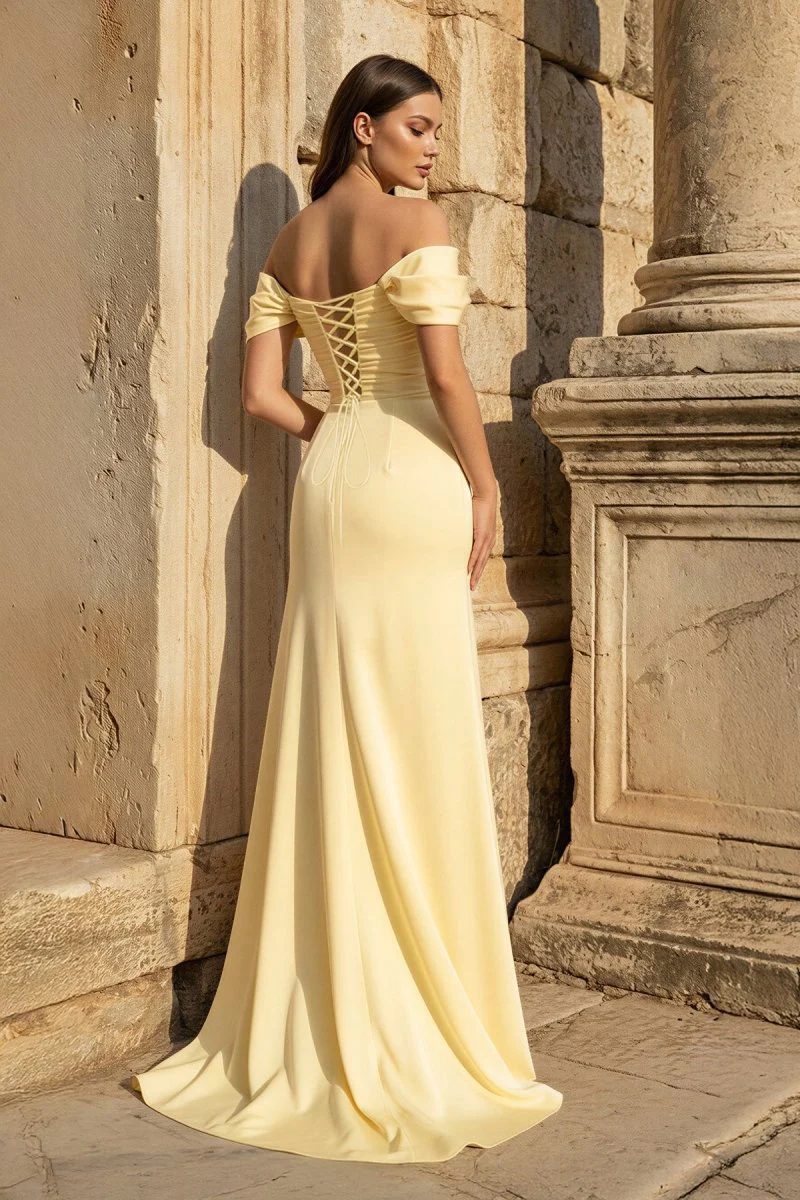 Yellow Mermaid Off The Shoulder Satin Long Prom Dresses With Flowers