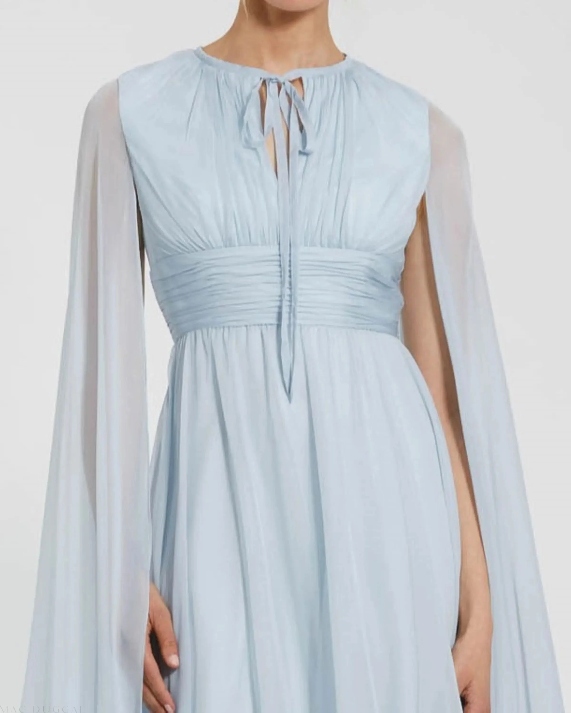 Blue Chiffon Cape Sleeve Ankle-Length Dress With Keyhole