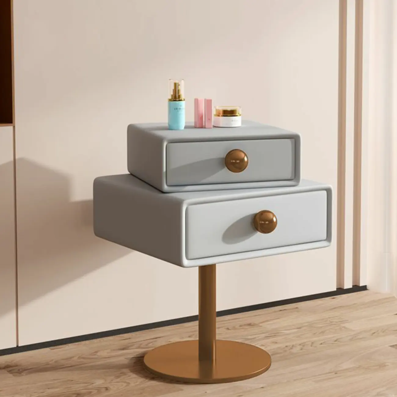 Modern Metal Faux Leather Swivel 2-Drawer Nightstand