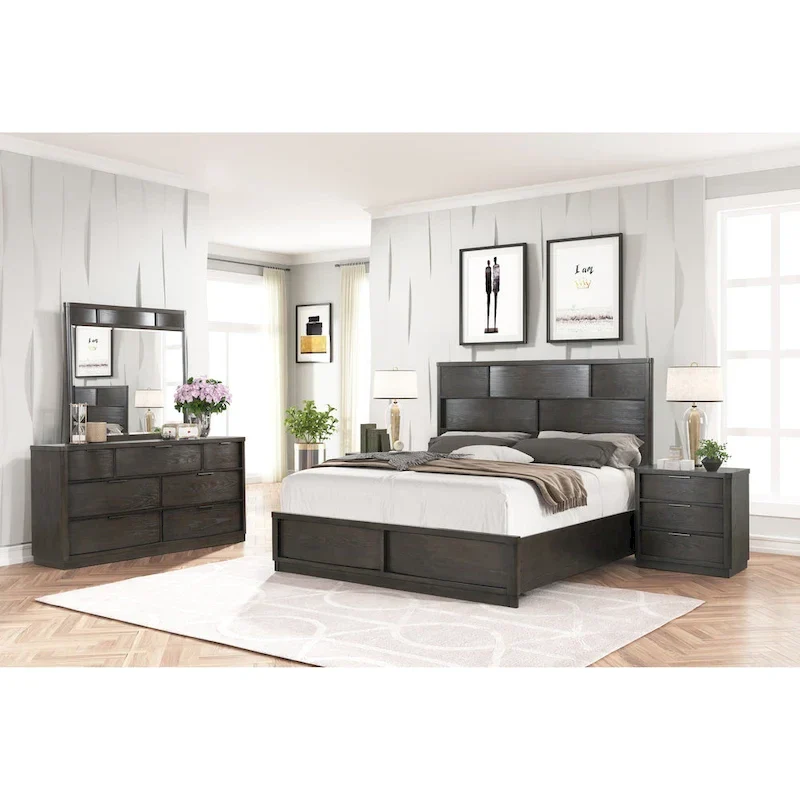 Roundhill Furniture Belani Wood Panel Bed Set, Bed, Dresser, Mirror, and Two Nightstands, Espresso