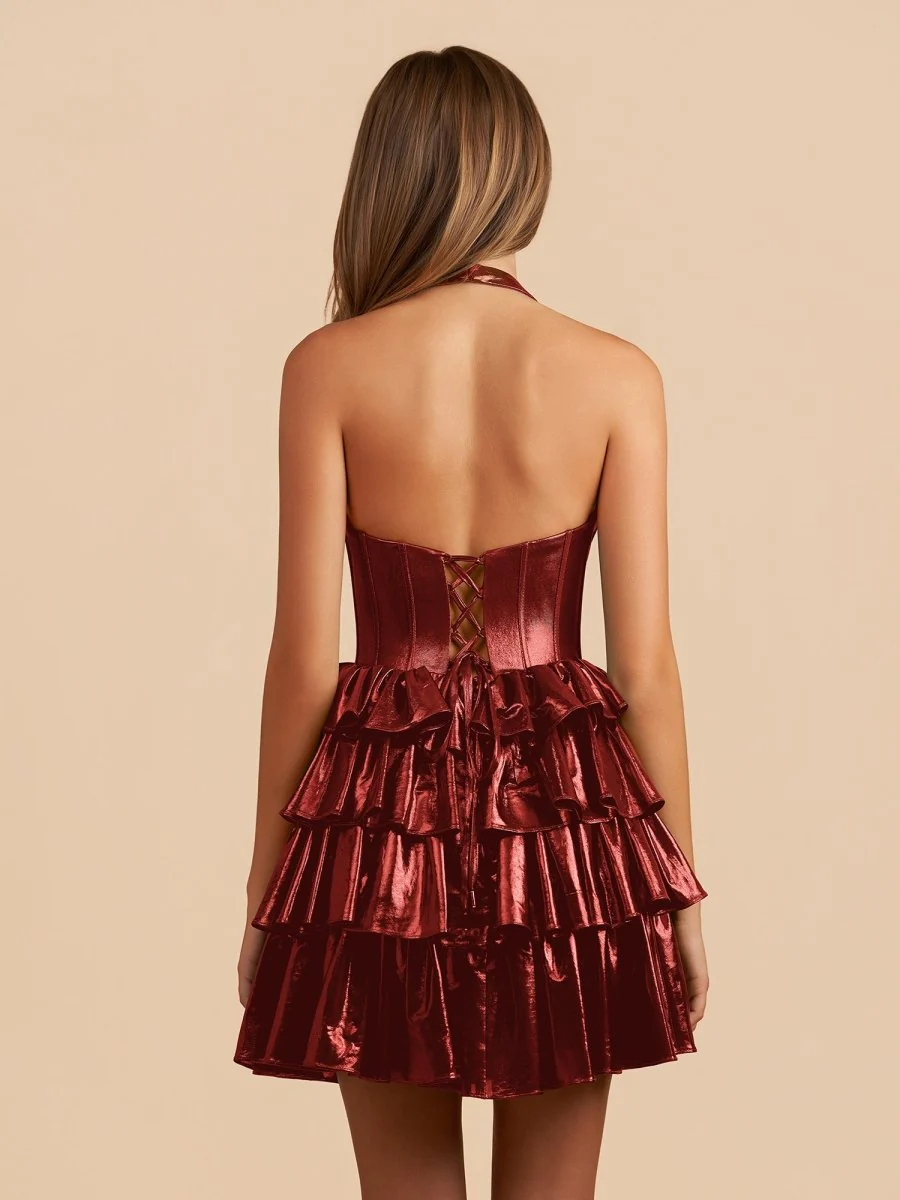 Burgundy - Halter A Line Metallic Ruffles Homecoming Dresses With Bow
