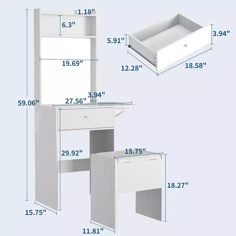 COZONY Makeup Vanity Desk with Mirror, 59 Storage Vanity Table with LED Lights, Power Strip, Stool, White
