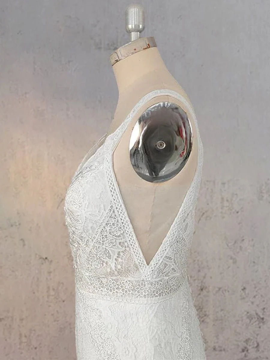 Mermaid White V Neck Illusion Wedding Dress