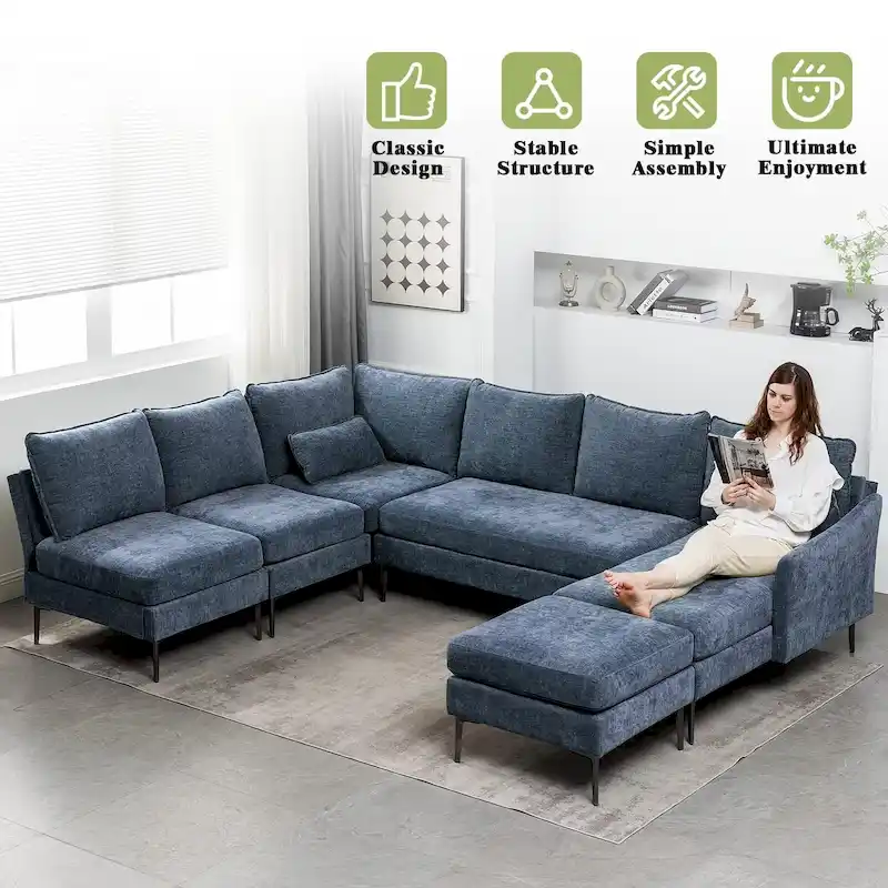 U-Shaped 6-Seat Sectional Sofa, Reversible Sleeper in Modern Chenille Design, with Chaise Lounge and Ottoman