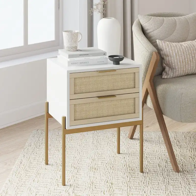 Rattan End Side Table with Storage Doors & Gold Accents