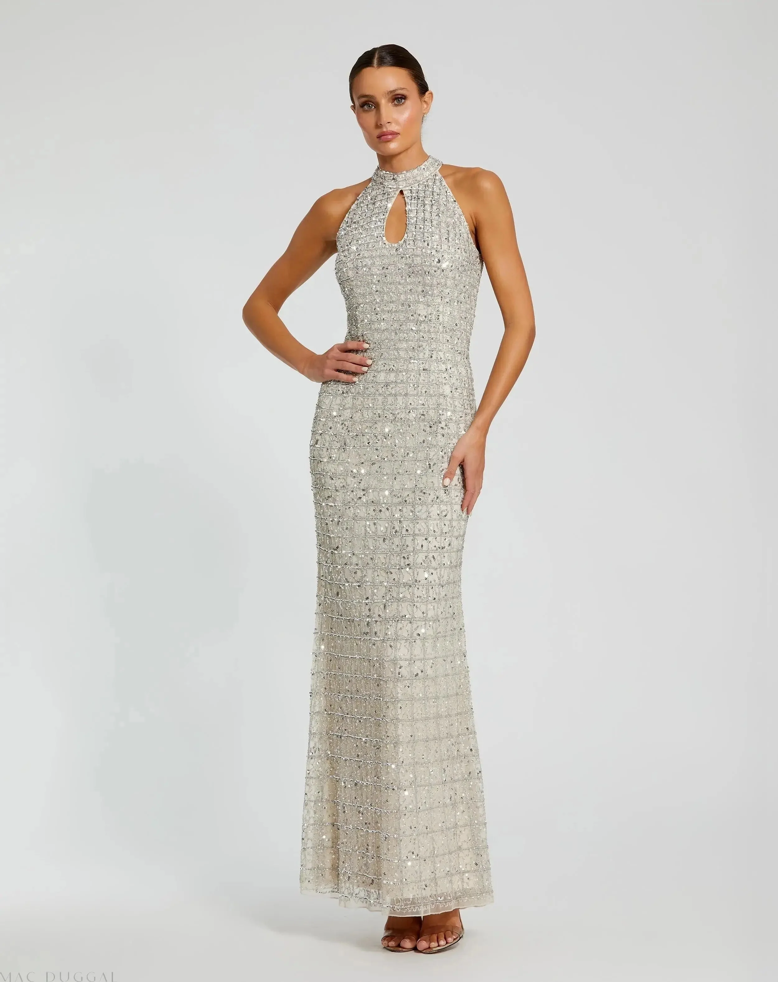 Silver Embellished Halter Neck Keyhole Gown