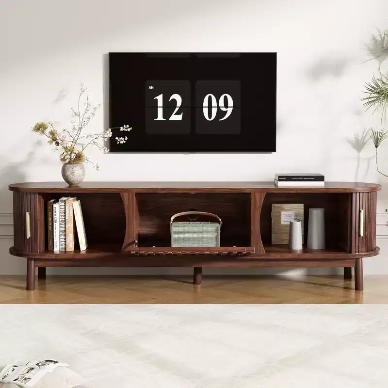 Modern Farmhouse TV Stand for 75 TVs, Entertainment Center with Sliding Doors, Cabinet & Solid Wood Legs, Dark Brown Textured Woodgrain - HABITRIO