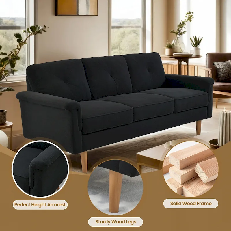 Mid-Century 3-Seat Upholstered Sofa with Wood Legs