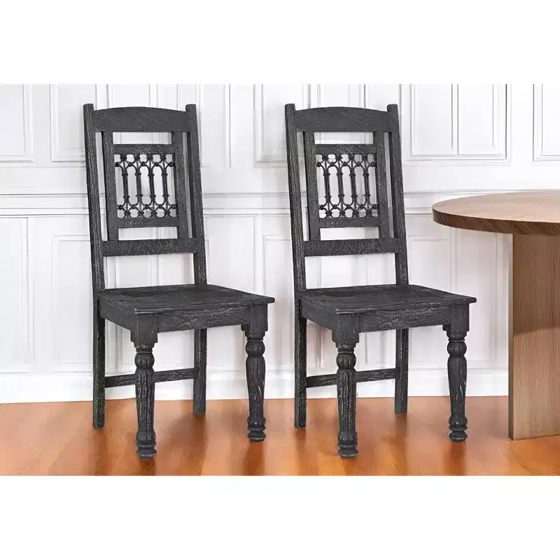 HomeRoots Set of Two Black Wood Slat Back Dining Side Chairs