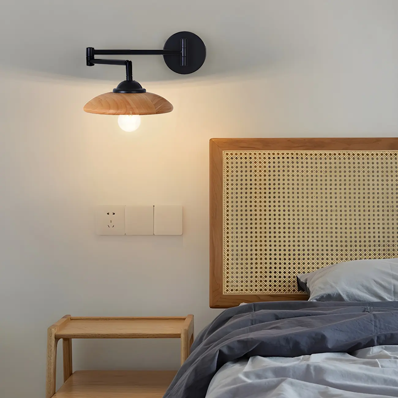 Black Metal Swing Arm Wall Light with Wood Shade