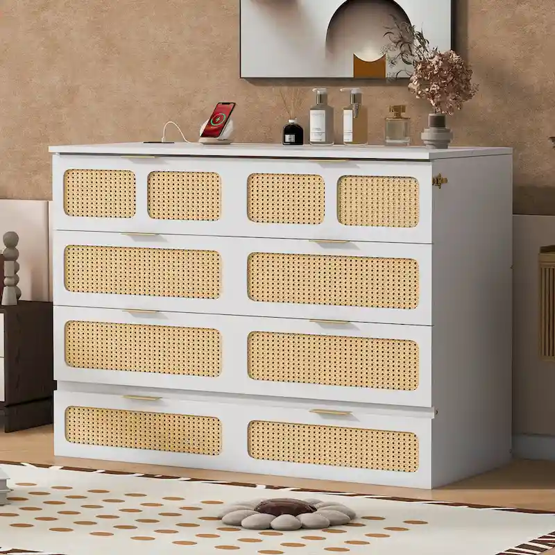 White/Espresso Rattan-Style Murphy Bed with Storage Drawers & USB Ports – Full/Queen, Sleeps 1–2