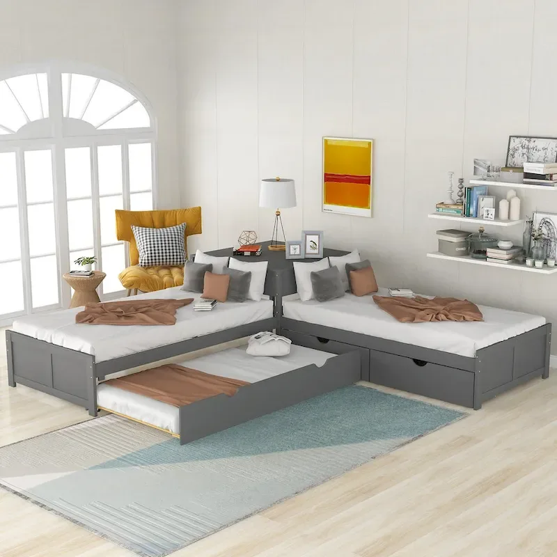 Grey / White / Espresso L-Shaped Bunk Bed with Trundle & Drawers, 3-Sleeper, Twin