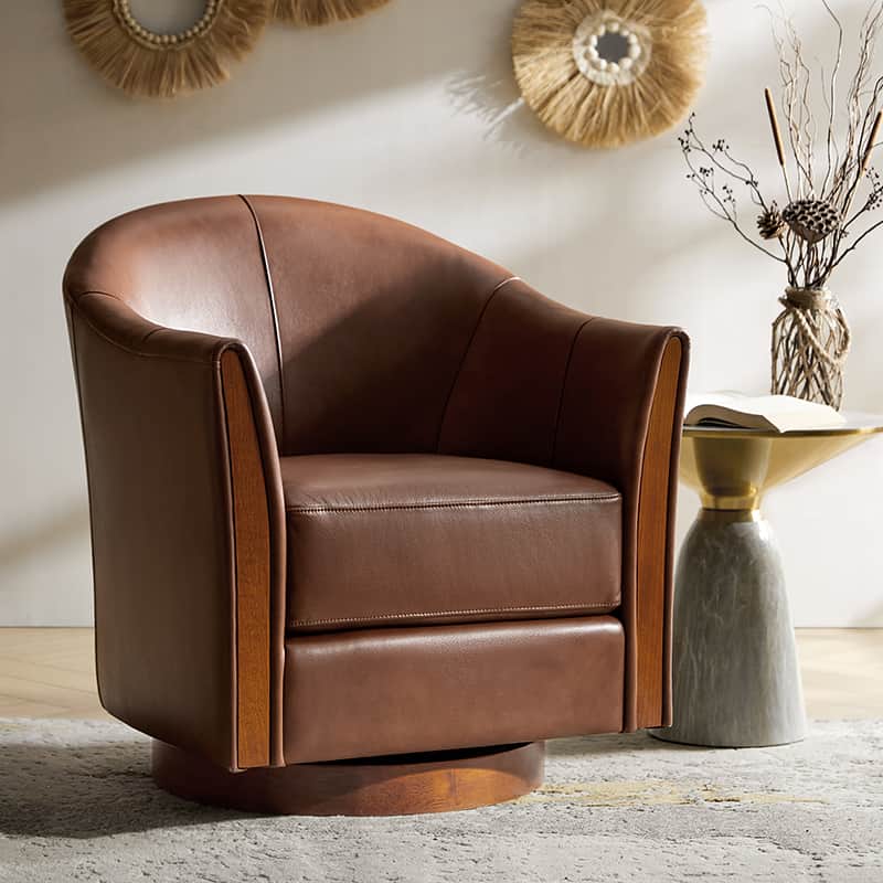 Genuine Leather Swivel Barrel Chair with Solid Wood Base & Recessed Arms | Burgundy / Brown / Camel | Single Seat