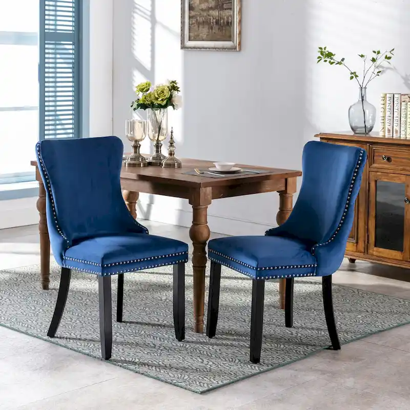 Blue / Black / Gold / Beige / Grey / Light Blue Velvet Wing-Back Dining Chair with Nailhead Trim – Single
