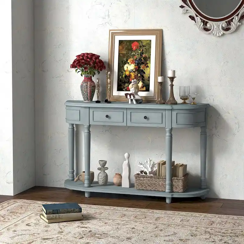 Blue Retro Console Table with 2 Drawers and Shelf