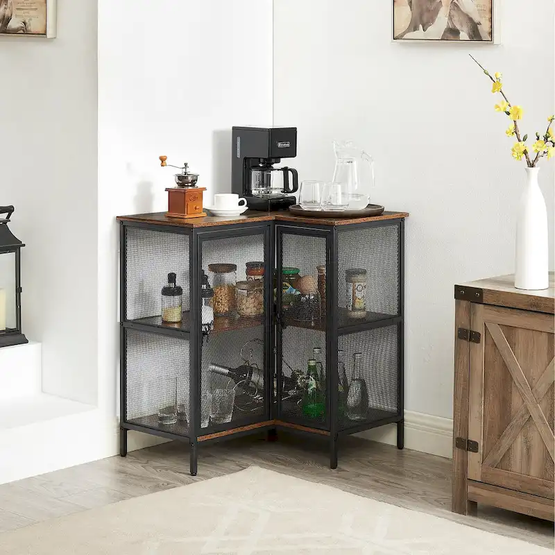 L-shaped Corner Cabinet with Doors and Storage Shelves, Free-Standing 3-tier End Table