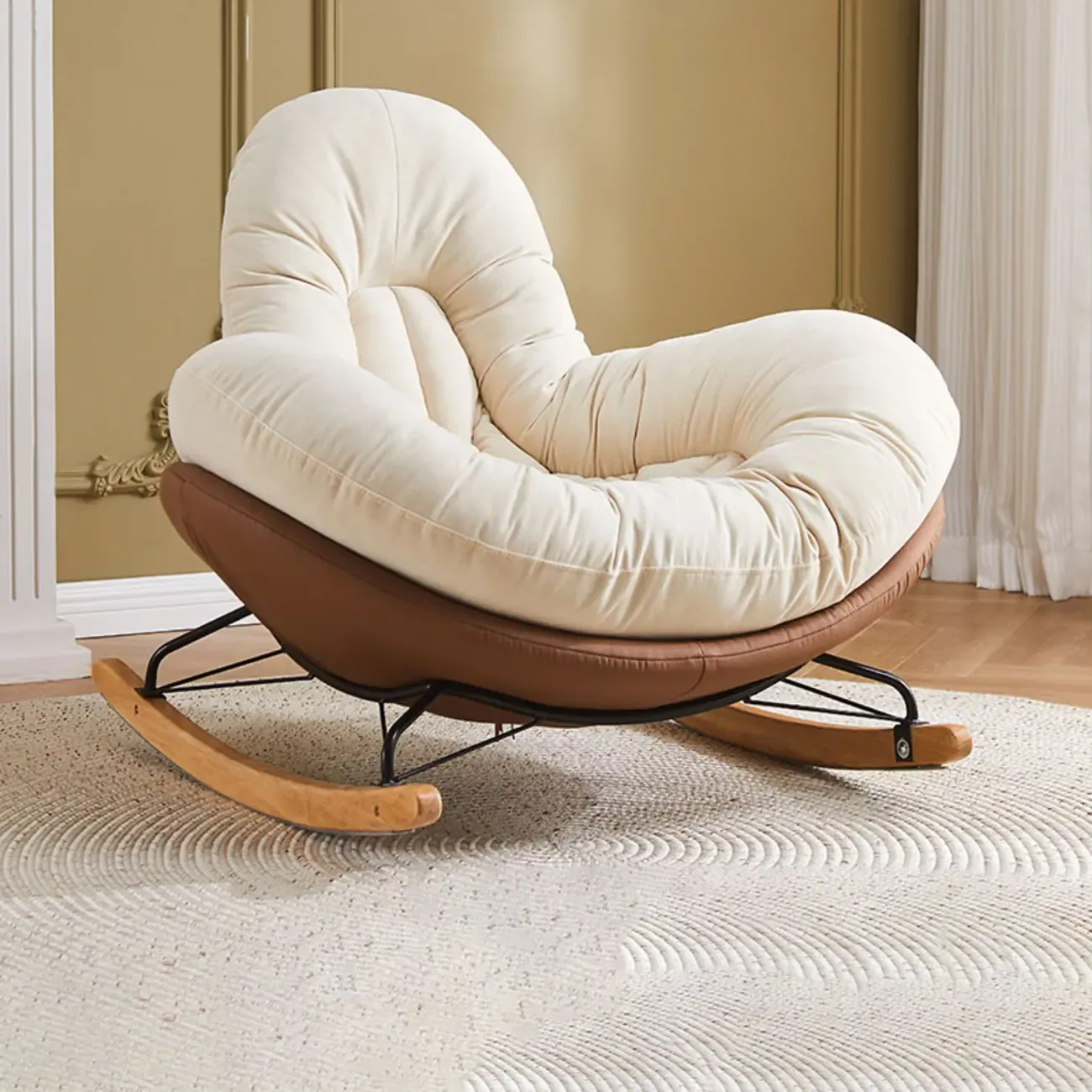 Wide Seat Upholstered Rocking Chair in Beige with Ottoman