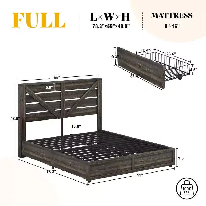 AMERLIFE Farmhouse Bed Frame with 4 Drawers and Headboard