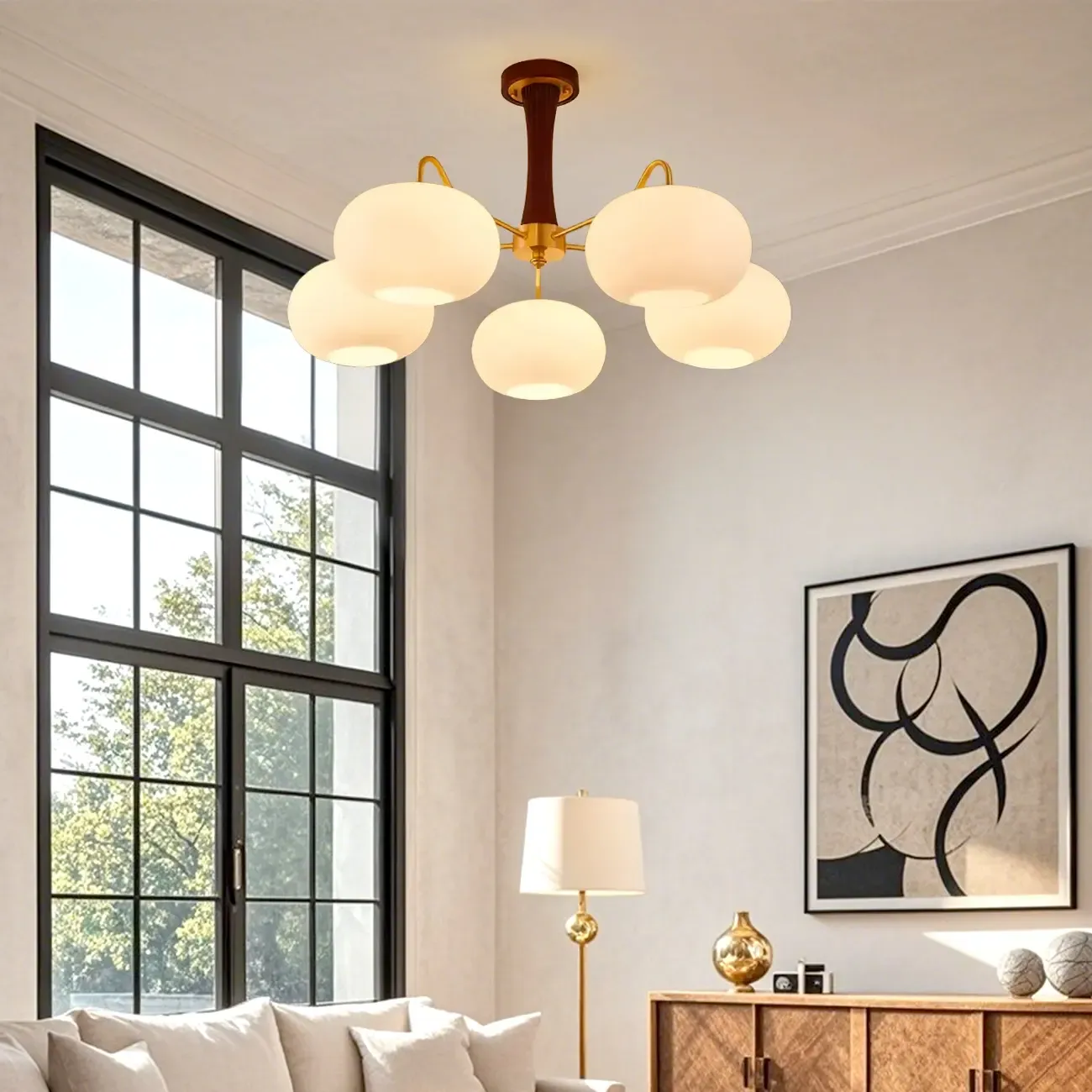 Classic Large Glass Drum Walnut Wood Semi Flush Ceiling Light