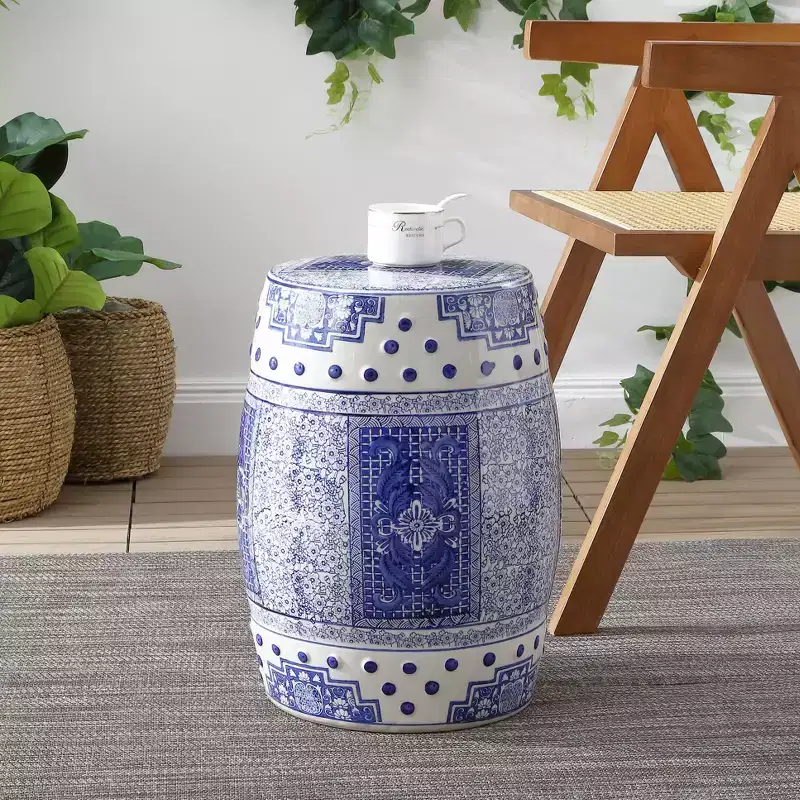 JONATHAN Y Acanthus 17.8 Chinoiserie Ceramic Drum Garden Stool/Accent Table, Blue/White