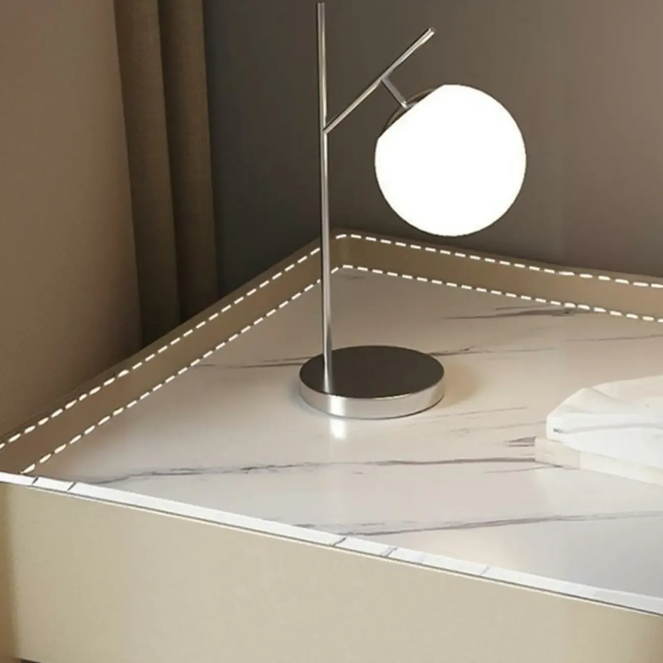 Modern Khaki Leather Stone Top 2-Drawer Nightstand