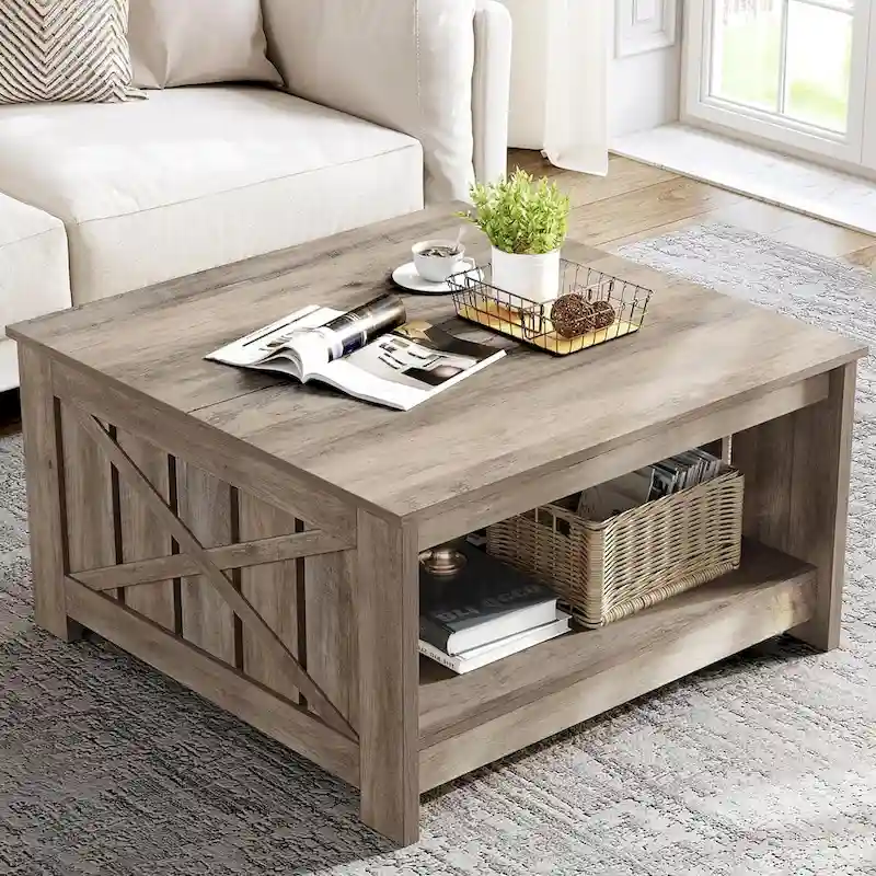 Square 2-Tier Coffee Table with Side Rail Storage | Grey, Walnut, Dark Oak
