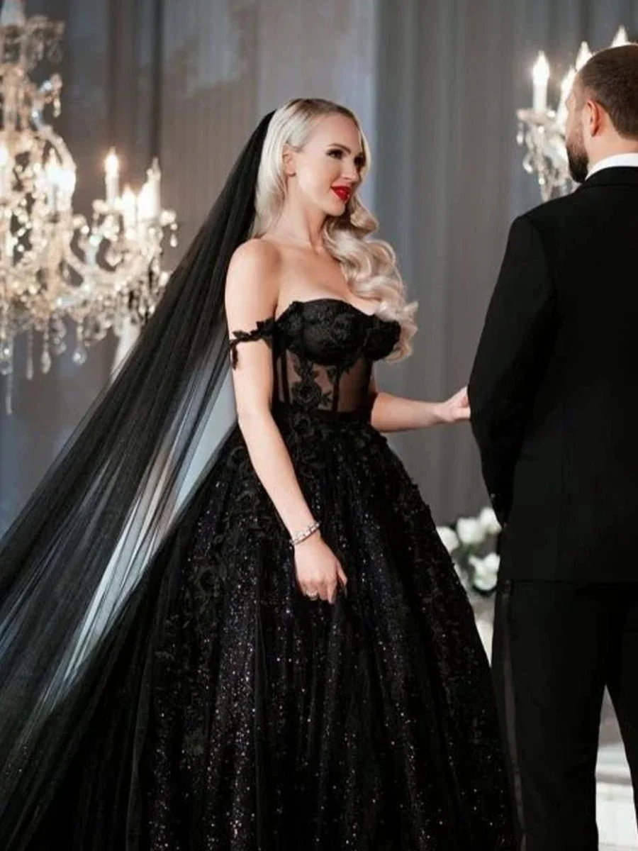 A-Line Black Gothic Wedding Dresses with Sequin Lace Appliques