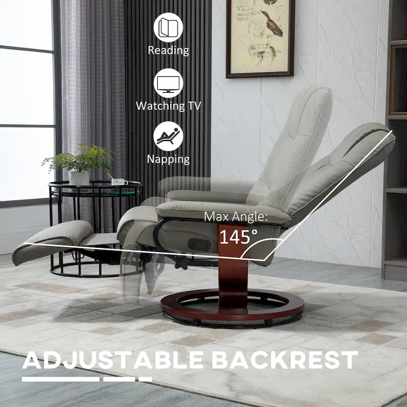 Faux Leather Manual Swivel Recliner Chair with Footrest, Armrest and Wrapped Wood Base