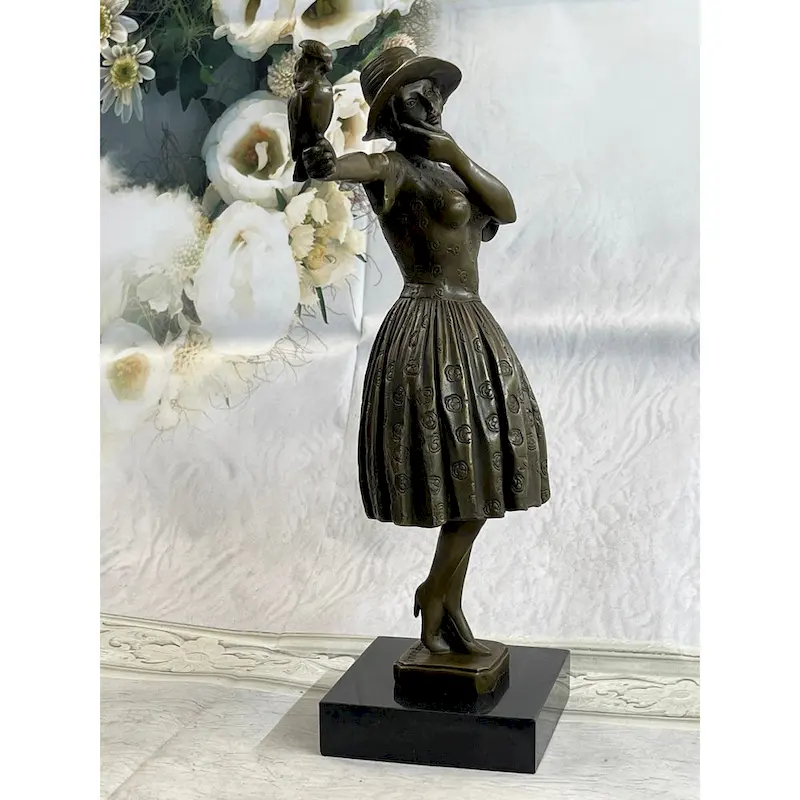 100 Percent Solid Bronze Sculpture Lady With Bird Signed Real Art Hot Cast Figurine Lrg