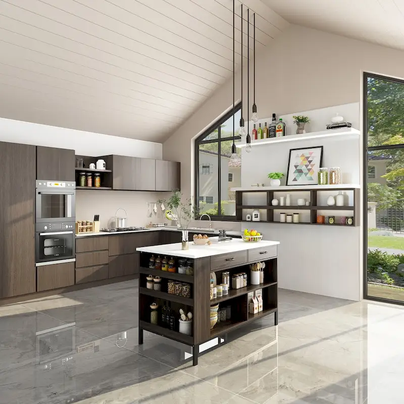 Brown Kitchen Island Cabinet with Drawers and Open Shelves