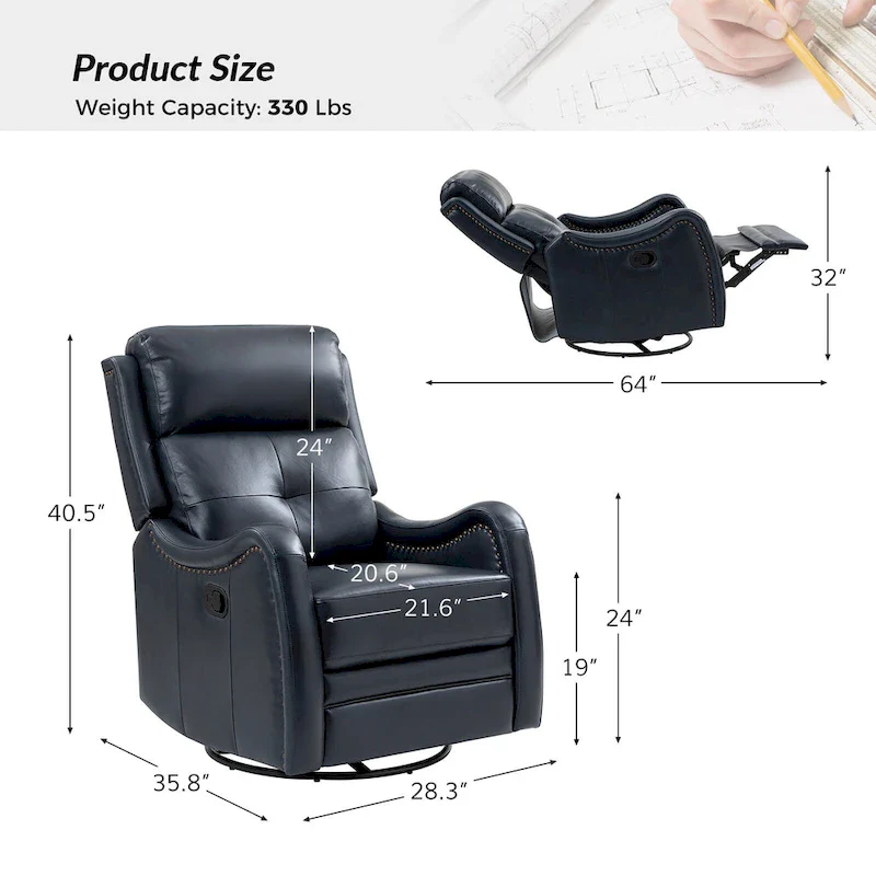 FrancoModern Genuine Leather Swivel Rocker Recliner with Nailhead Trims Sets of 2 by HULALA HOME
