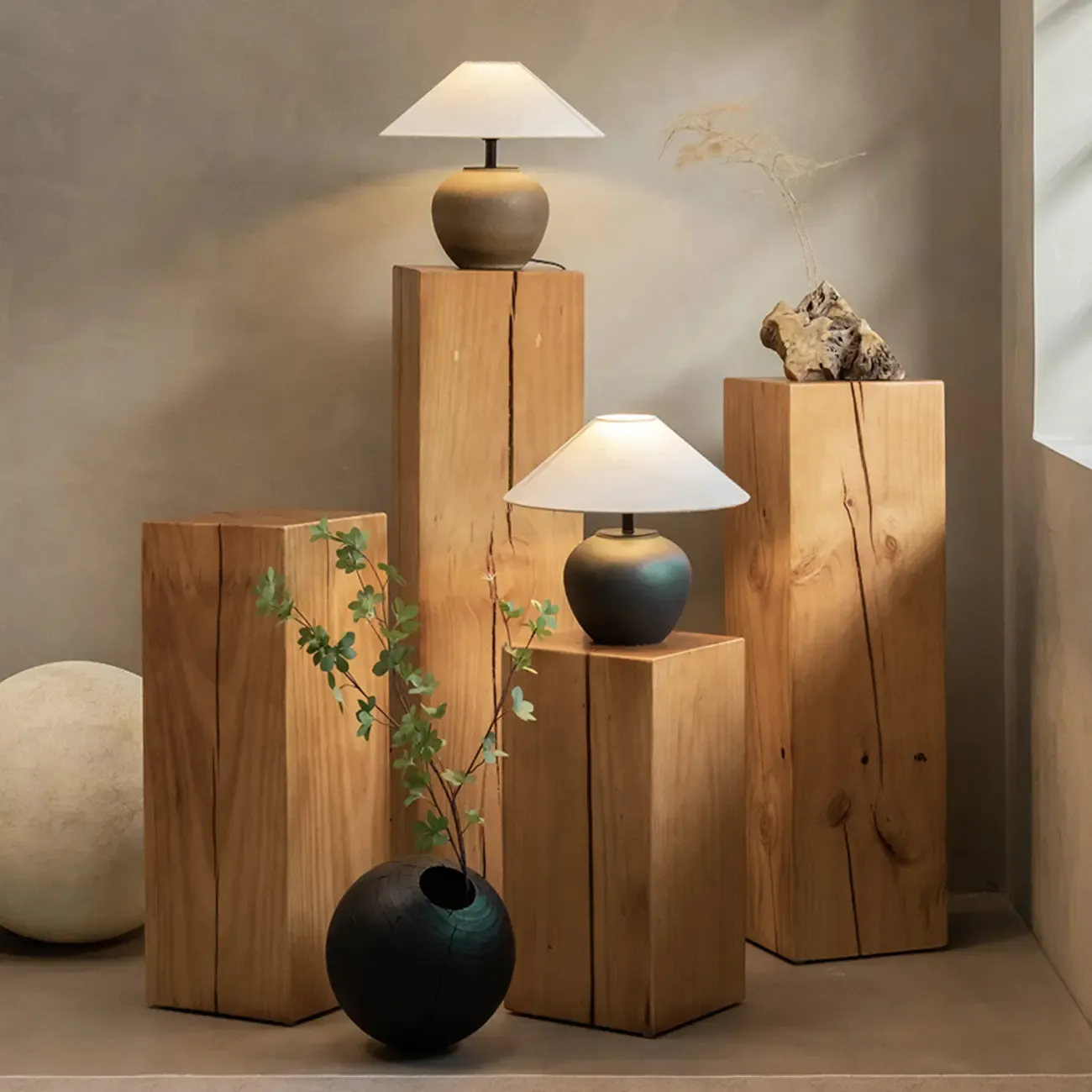 Modern Square Pine Wood Side Table for Living Room