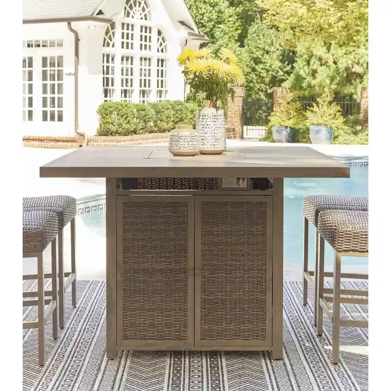 Signature Design by Ashley Walton Bridge Driftwood Outdoor Bar Table with Fire Pit - 55.75 W x 55.75 D x 39.13 H