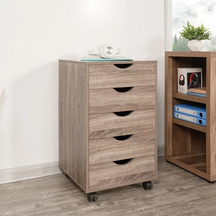 5-Drawer Wood Storage Chest with Wheels – White / Espresso / Gray Oak / Distressed Black / Natural / Brown Oak / Vintage Oak, 1-Person