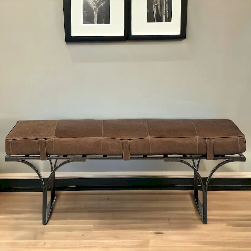 HomeRoots 55  Brown and Black Upholstered Genuine Leather Bench - 55