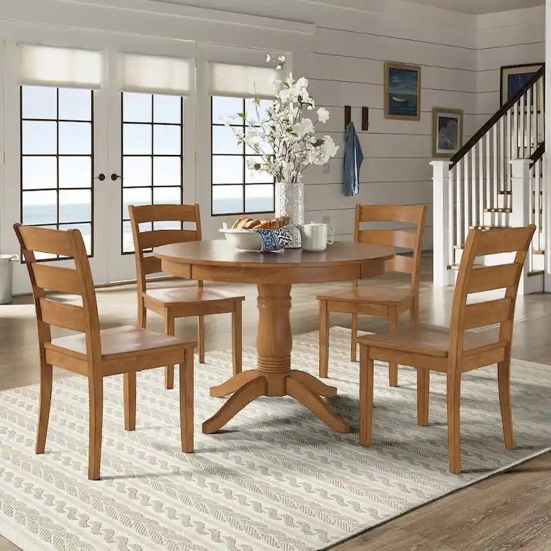 Wilmington II Round Pedestal Base Oak Finish 5-Piece Dining Set by iNSPIRE Q Classic